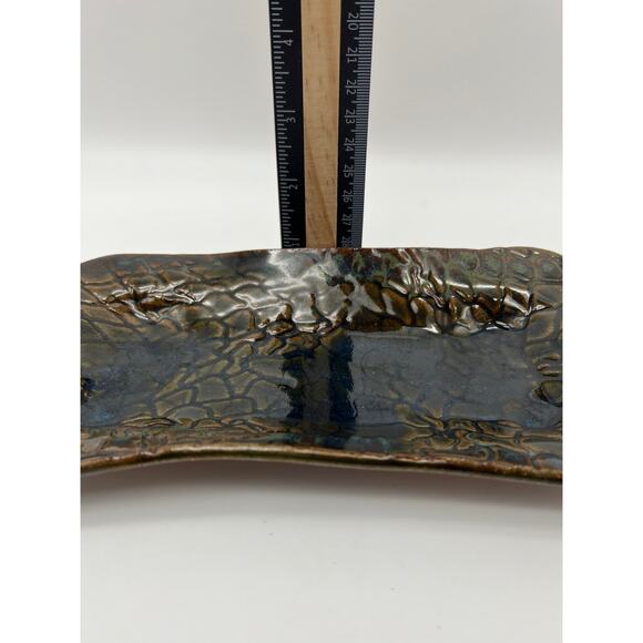 Signed Art Pottery Rectangle Reptile Design Texture Brown Green Shiny Glaze Dish - Picture 9 of 11